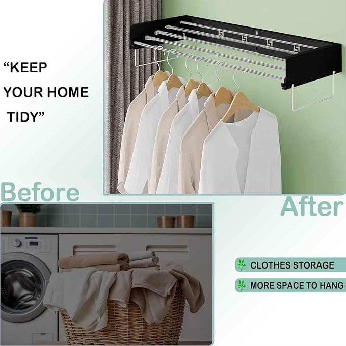 Wall Mounted Laundry Rack, Collapsible Clothes & Towel Drying Rack for Indoor & Outdoor, 60 lb Capacity, 31.5' Wide, 13.5 Linear Ft, Black