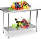 STABLEINK NSF Stainless Steel Table, 24 x 60 Inches 5ft Metal Prep & Work Table with Backsplash, Adjustable Undershelf and Table Foot, for Commercial Kitchen, Restaurant (Without Caster Wheels)