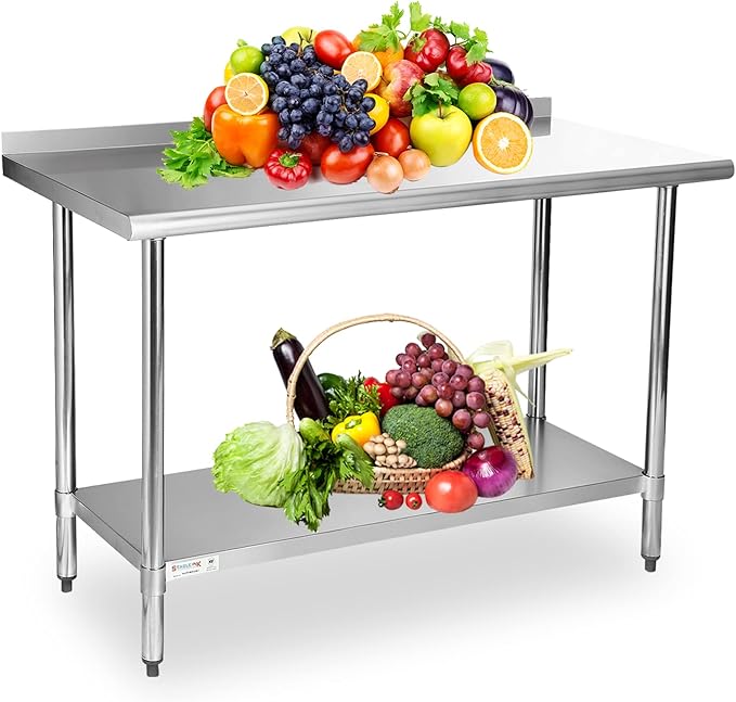 STABLEINK NSF Stainless Steel Table, 24 x 60 Inches 5ft Metal Prep & Work Table with Backsplash, Adjustable Undershelf and Table Foot, for Commercial Kitchen, Restaurant (Without Caster Wheels)