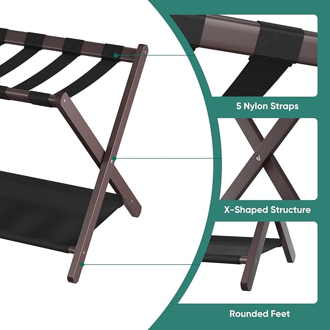 Smuxee Brown Bamboo Luggage Rack for Guest Room, Foldable Suitcase Stand with Storage Shelf, Easily Assembled Luggage Stand with 5 Nylon Straps for Guest Room Bedroom Hotel