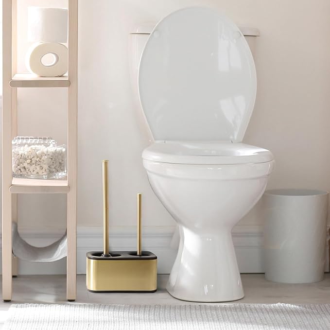 Blue Donuts Toilet Brush and Plunger Set with Holder, Sleek Minimalist Modern Gold Bathroom Accessories Toilet Plunger and Toilet Bowl Brush Combo