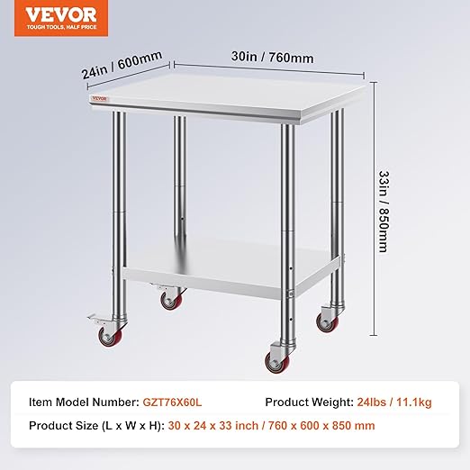 Mophorn Stainless Steel Work Table with Wheels 24 x 30 x 32 Inch Prep Table with 4 Casters Heavy Duty Work Table for Commercial Kitchen Restaurant Business, Silver and Black