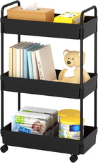 3-Tier Storage Cart，Shelf Organizer Mobile Shelving ，Utility Rolling Cart，Multifunction Movable Storage Organizer with Lockable Wheels,Black