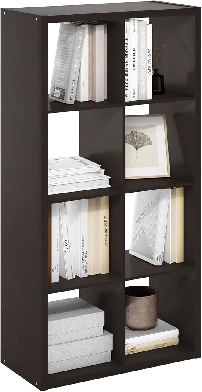 Furinno Cubicle Open Back Decorative Cube Storage Organizer, 8-Cube, Black Dark Oak