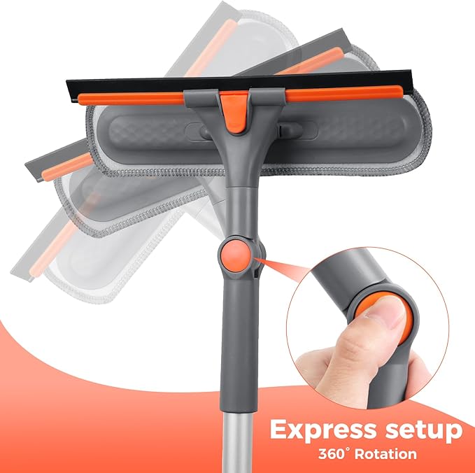 Squeegee for Window Cleaning 2-in-1 Cleaner Tool with Extension Pole and 2 Microfiber Pads, 360° Car Squeegee Kit Professional, 62 Inch for High Glass, Home,Outdoor