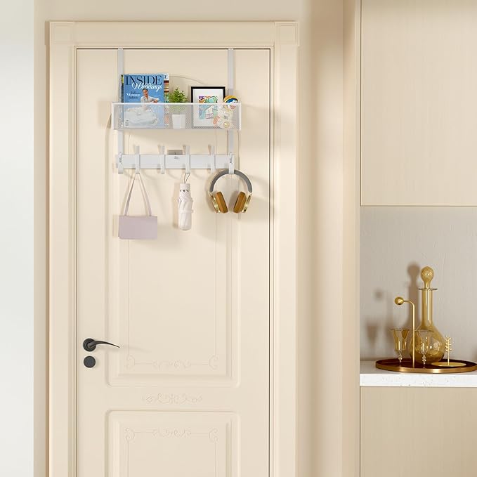 LUCYCAZ Over The Door Hooks Organizer, Door Hanger Storage with Coat Hooks Wreath Hanger & Mesh Basket, Over The Door Towel Rack Door Organizer for Bathroom,Bedroom,Kitchen (White), OVTD01