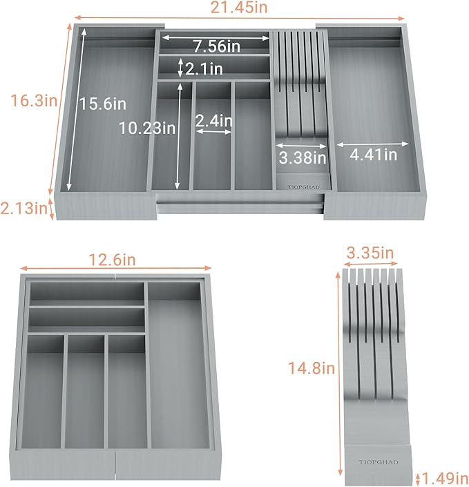 Bamboo-Silverware-Drawer-Organizer-Kitchen, Expandable Utensil Holder Cutlery Tray Flatware Organization Adjustable Wood Tableware Dividers Storage (with Removable Knife Block)(Grey)