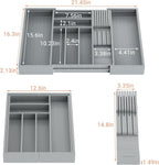 Bamboo-Silverware-Drawer-Organizer-Kitchen, Expandable Utensil Holder Cutlery Tray Flatware Organization Adjustable Wood Tableware Dividers Storage (with Removable Knife Block)(Grey)