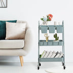 danpinera 3-Tier Rolling Cart, Metal Rolling Storage Cart with Lockable Wheels & Hanging Cups & Hooks, Mobile Trolley Cart for Kitchen, Bathroom, Office, Workshop, Gray Blue