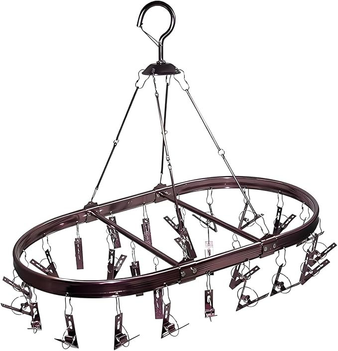 Aluminum Hanging Drying Racks for Laundry with 26 Non-Slip Clips, and Wind-Resistant Hook, Laundry Drying for Socks, Baby Clothes, Underwear, and Delicates.Oval & One-Piece Design, (Dark Red)