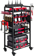 Large Power Tool Organizer Cart with Charging Station, Garage Floor Standing Rolling Drill and Tools Battery Storage Cart on Wheels, Heavy Duty Utility Rack Shelf for Men, Husband, Father.