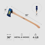 ESTWING 4 Pound 36 Inch Full Sized Hand Sharpened Axe with Curved Wooden American Hickory Handle for Cutting and Splitting, Green