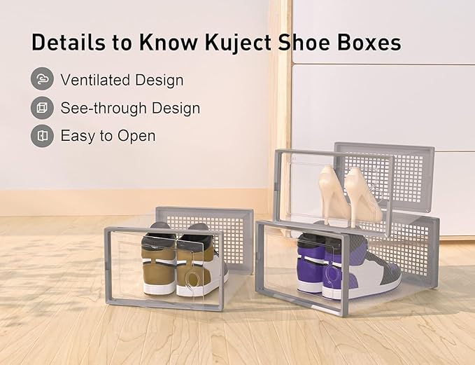 Kuject X-Large Shoe Storage Boxes Organizers Clear Plastic Stackable 12 Pack, Shoe Rack & Holder Substitute, Sneaker Containers, Toy Storage Organizer Bins for Entryway, Closet, Under Bed, Grey