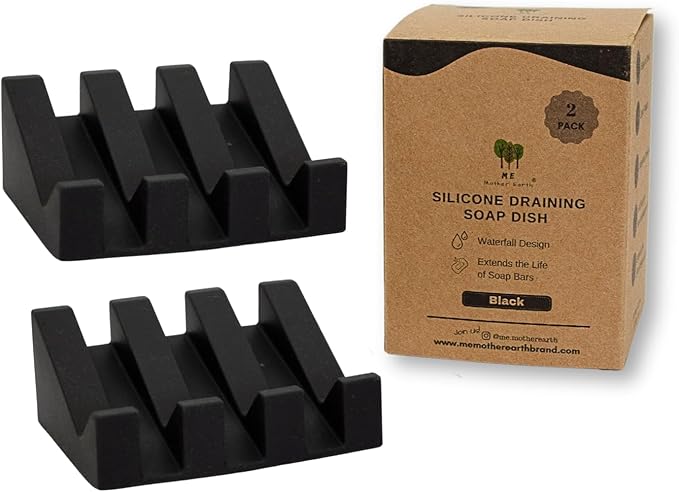 Silicone Soap Dish – 2 Pack, Waterfall Drainer Soap Holder for Bathroom, Suction Cups for Non-Slip Saver for Bar Soap, Sponge Holder & Sink Organizer, Extend Life, Durable & Easy to Clean (Black)