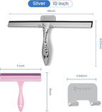 2-Pack Shower Squeegee for Glass Doors, 10 inch Silver Stainless Steel & 5 inch Pink Mini with 2 Hooks, Non-Slip Hammered Handle, Silicone Wiper for Shower, Bathroom, Tile and Mirror