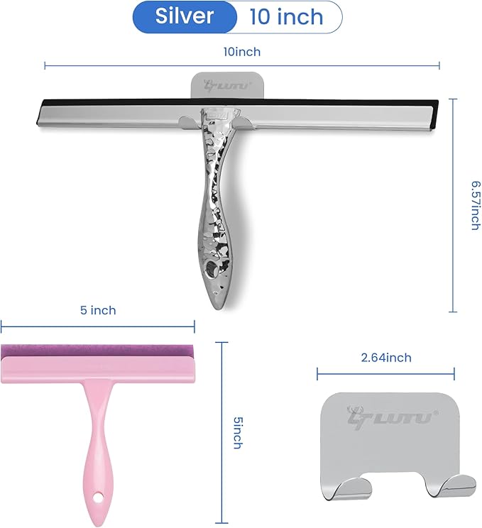 2-Pack Shower Squeegee for Glass Doors, 10 inch Silver Stainless Steel & 5 inch Pink Mini with 2 Hooks, Non-Slip Hammered Handle, Silicone Wiper for Shower, Bathroom, Tile and Mirror