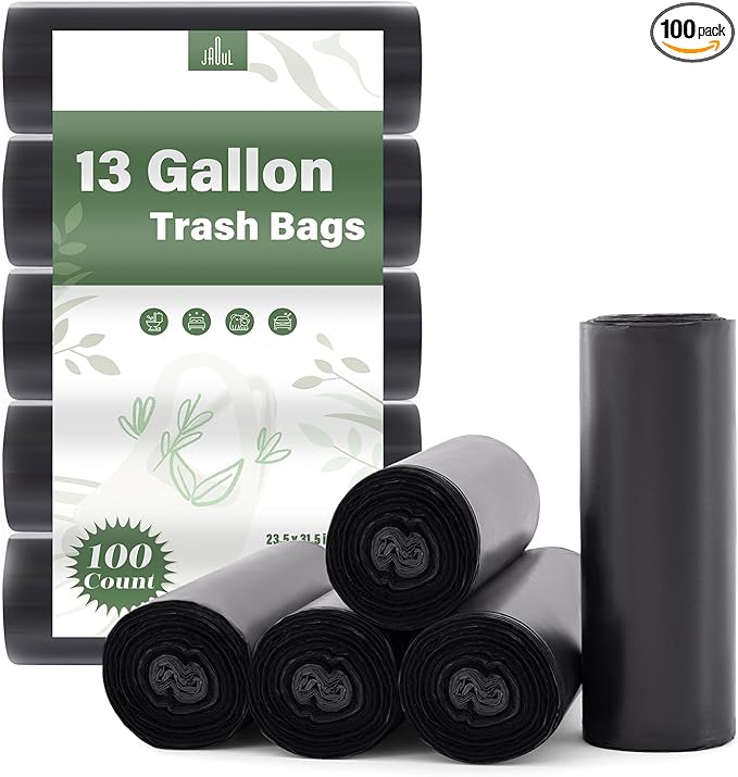 Jaoul Trash Bags 13 Gallon, Strong Tear & Leak Resistant Large Garbage Bags, 0.97 Mil Extra Strong Trash Bags for Kitchen, Bathroom, Office, Restroom, Car, Black, 100 Counts