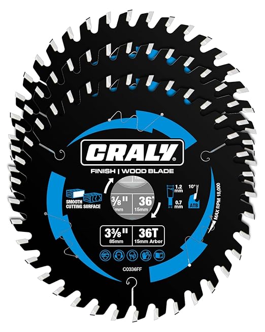 CRALY 3-3/8 Inch 36 Teeth Fine Finish Wood Cutting Circular Saw Blade, 15mm Arbor, Carbide Tipped, Thin Kerf, Black Ice™ Coating, for Plywood, MDF, OSB, Laminated, 3-Pack(C0336FF-3)