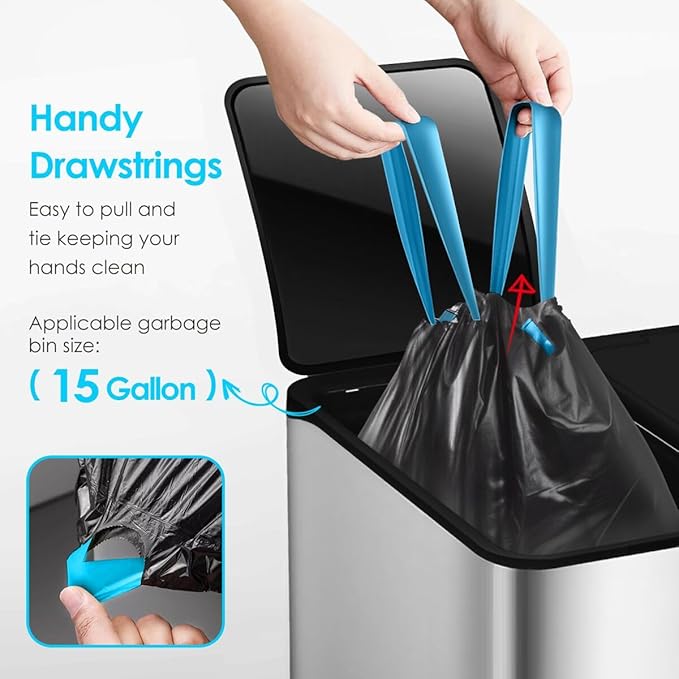 Teivio 15-16 Gallon 120 Counts Strong Tall Kitchen Drawstring Trash Bags, Medium Plastic Garbage Bags for Home Kitchen Garden Office Tall Trash Can, Black Waste Bin Liners