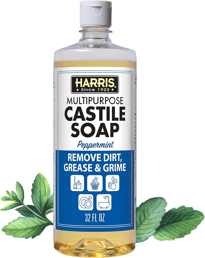 HARRIS Multi-Purpose Pure Castile Soap, Made with Olive, Coconut, and Pine Tree Oil, Uses for Face, Body, Hand, Hair, Home, Dishes, and Laundry, Peppermint, 32 Fl Oz