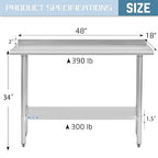 Hally Stainless Steel Table for Prep & Work 18 x 48 Inches, NSF Commercial Heavy Duty Table with Undershelf and Backsplash for Restaurant, Home and Hotel