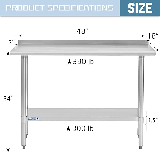 Hally Stainless Steel Table for Prep & Work 18 x 48 Inches, NSF Commercial Heavy Duty Table with Undershelf and Backsplash for Restaurant, Home and Hotel