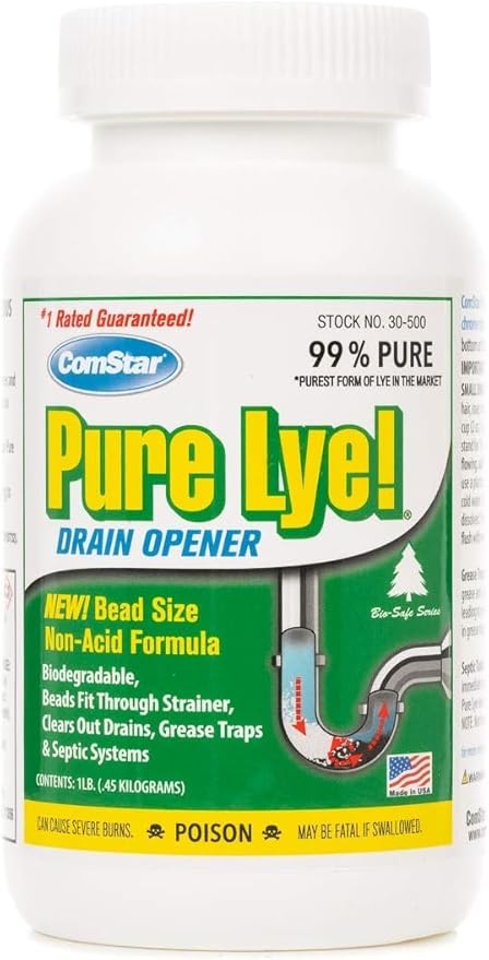 ComStar Pure Lye | 99% Pure Sodium Hydroxide Beads | Eco-Friendly, Industrial Strength, Drain Opener | Safe on Fixtures | Static-Free, Unique Beads for Soap Making | 1 lb. (PACK OF 12)