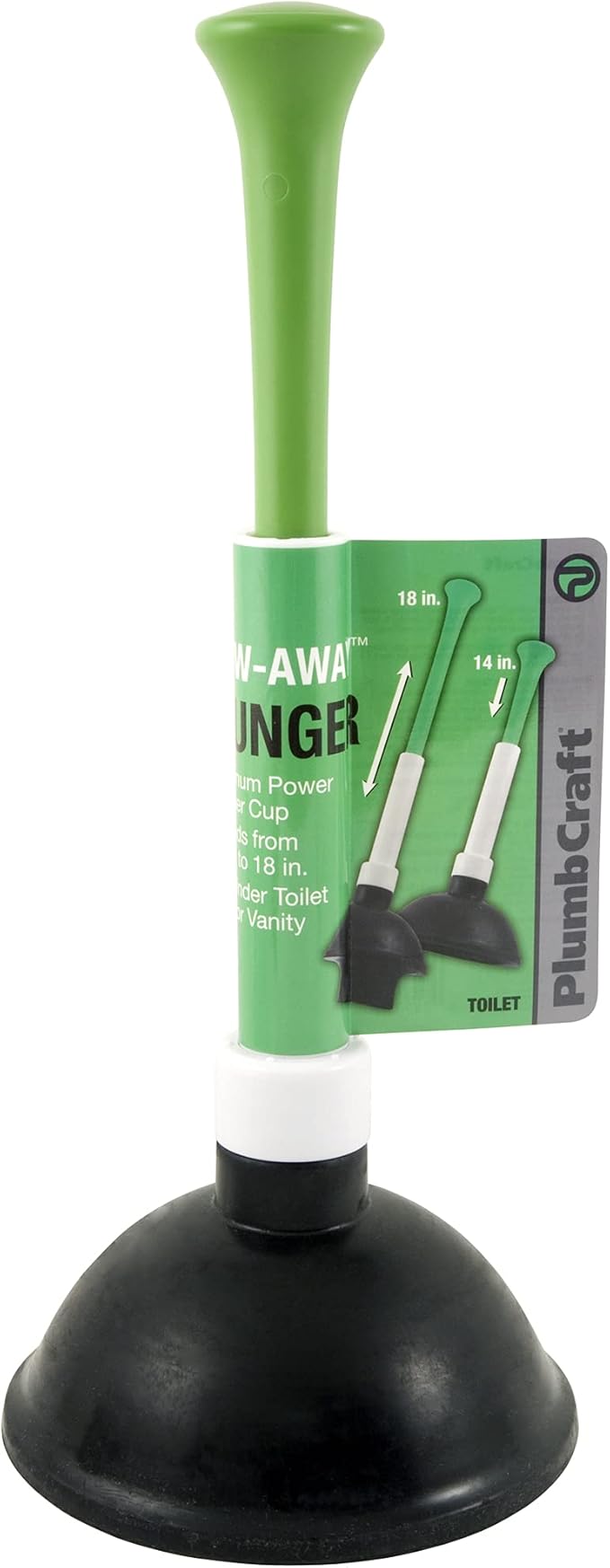 PlumbCraft 14-18-in. Stow-Away Plunger with Adjustable Handle 7503500, Heavy Duty Toilet Plunger for Households, Ergonomic Plunger to Unclog Toilet, Toilet Bowl Plunger with Ergonomic Handle