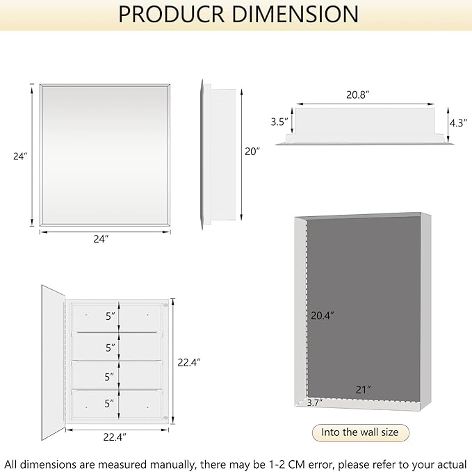 Medicine Cabinet, Rectangular Beveled Frameless Mirror Cabinet,Wall Mounted Cabinet for Bathroom Toilet Kitchen,Recess or Surface Mount,24x24 in