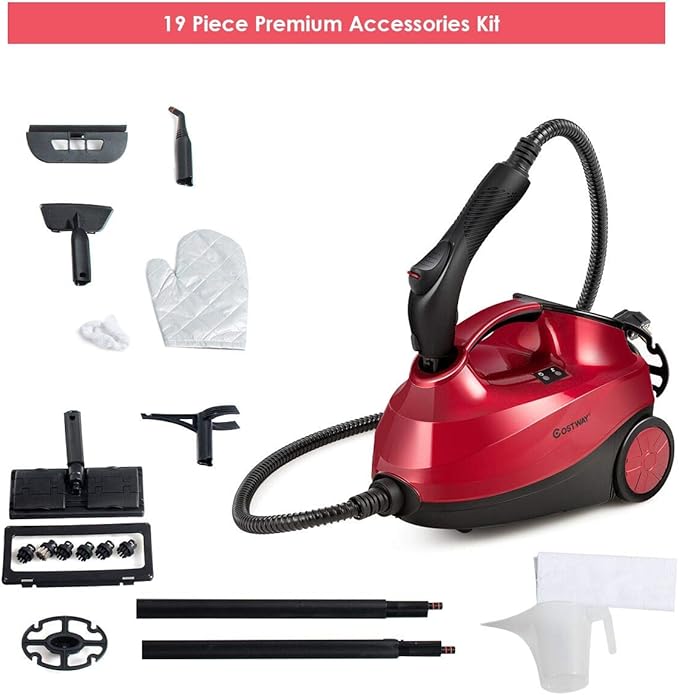 COSTWAY 2000W Multipurpose Steam Cleaner with 19 Accessories, Household Steamer with 1.5L Tank for Cleaning, Heavy Duty Rolling Cleaning Machine for Carpet, Floors, Windows and Cars, Red