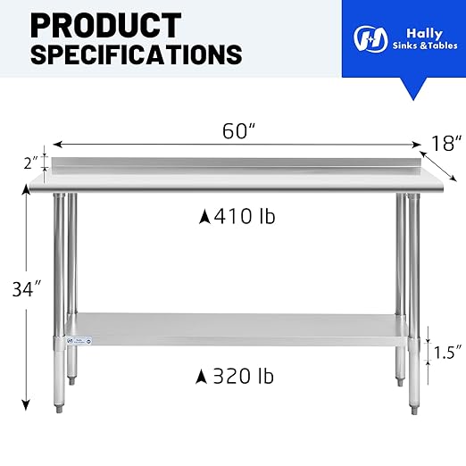 Hally Stainless Steel Table for Prep & Work 18 x 60 Inches, NSF Commercial Heavy Duty Table with Undershelf and Backsplash for Restaurant, Home and Hotel