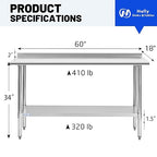 Hally Stainless Steel Table for Prep & Work 18 x 60 Inches, NSF Commercial Heavy Duty Table with Undershelf and Backsplash for Restaurant, Home and Hotel