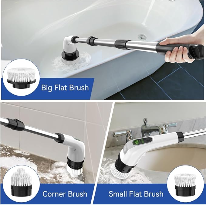 Electric Spin Scrubber with Long Handle: Cordless Power Shower Scrubber - Spin Brush with 7 Brush Replacement Heads for Cleaning Bathroom,Tub, Tile, White, ALPONO-A11