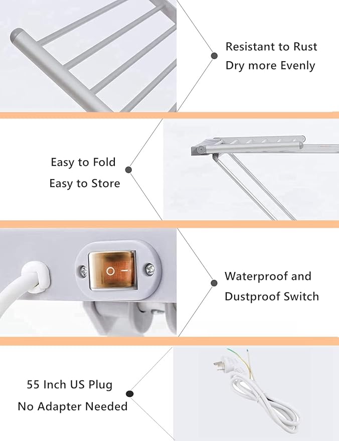 tonchean Heated Clothes Drying Rack, Folding Electric Clothes Drying Rack, Collapsible Laundry Drying Rack, Free-Standing Heating Garment Dryer Towel Rail Space Saving for Home Indoor/Outdoor