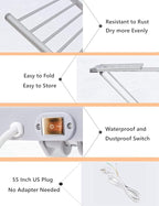 tonchean Heated Clothes Drying Rack, Folding Electric Clothes Drying Rack, Collapsible Laundry Drying Rack, Free-Standing Heating Garment Dryer Towel Rail Space Saving for Home Indoor/Outdoor