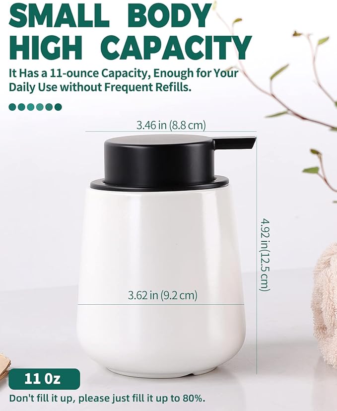 Bosilunlife Liquid Soap Dispenser - 12Oz Lotion Dispenser with Pump Matte White Ceramic Soap Dispenser Bathroom Dish Hand Wash Dispenser for Kitchen Pump Dispenser