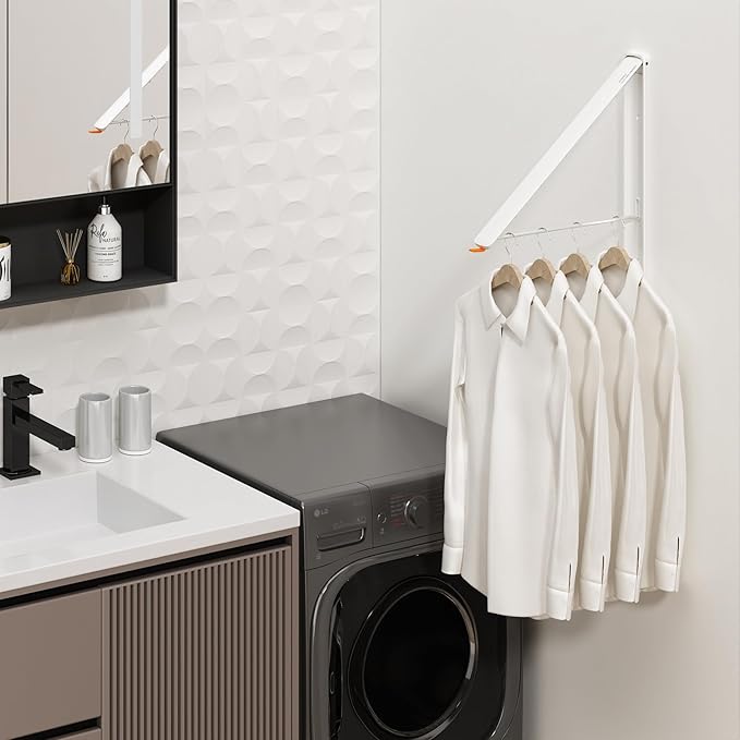 Clothes Drying Rack for Laundry Drying Rack Wall Mounted Clothes Hanger Rack Retractable Laundry Hanger Dryer Rack Space Saving Closet Organizer Aluminium (White)