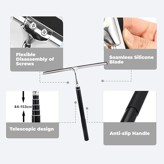 17.3-60’’ Window Squeegee for Home, 2 in 1 Window Cleaning Kit Long Handle Squeegee for Shower Glass, Window Cleaner Tool for Car Windshield Floor Tile Wall