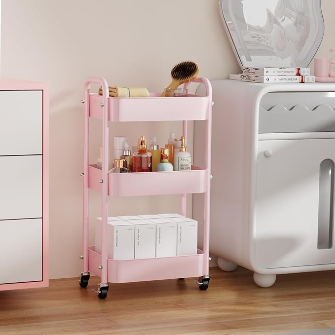 3 Tier Rolling Cart with Table top, Metal Rolling Utility Cart, Sturdy Storage Organizer Cart with Locking Wheels & Hooks for Office, Classroom, Kitchen and Bathroom，Pink