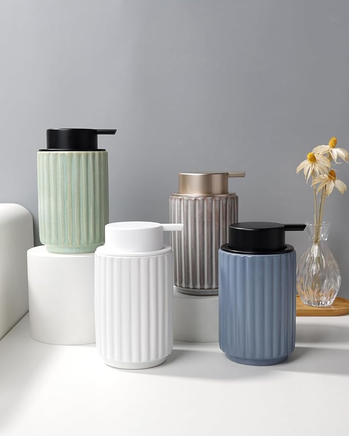 Foaming Soap Dispenser, White Ceramic Refillable Foam Hand Soap Pump for Bathroom Kitchen, 10.5OZ Lotion Dispenser, Foaming Dish Soap Dispenser, Modern Stripe Design, ANTIS'S HOME