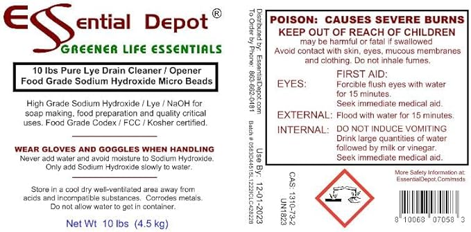 Essential Depot 10 lbs Bottle Food Grade Sodium Hydroxide Lye Evenly-Sized Micro Pels (Beads or Particles) - Lye Drain Cleaner - HDPE Container with Resealable Child Resistant Cap and Handle