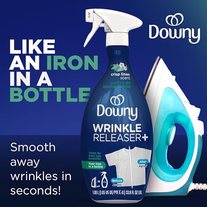 Downy Wrinkle Releaser Spray | All In One Wrinkle Release Spray, Odor Eliminator, Static Remover | Fabric Refresher & Ironing Aid for Clothes | 16.9 Fl Oz (Pack of 2) & 3 FL Oz, Crisp Linen Scent