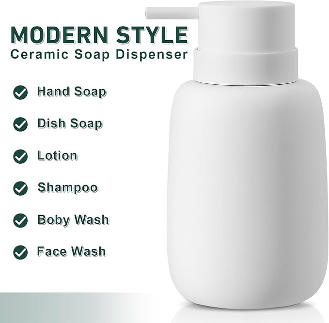 Matte White Soap Dispenser Bathroom,Ceramic Soap Dispenser Lotion Pump Dish Soap Dispenser for Kitchen,16oz Refillable Liquid Hand Wash Dispenser for Bathroom (Rubber Paint)
