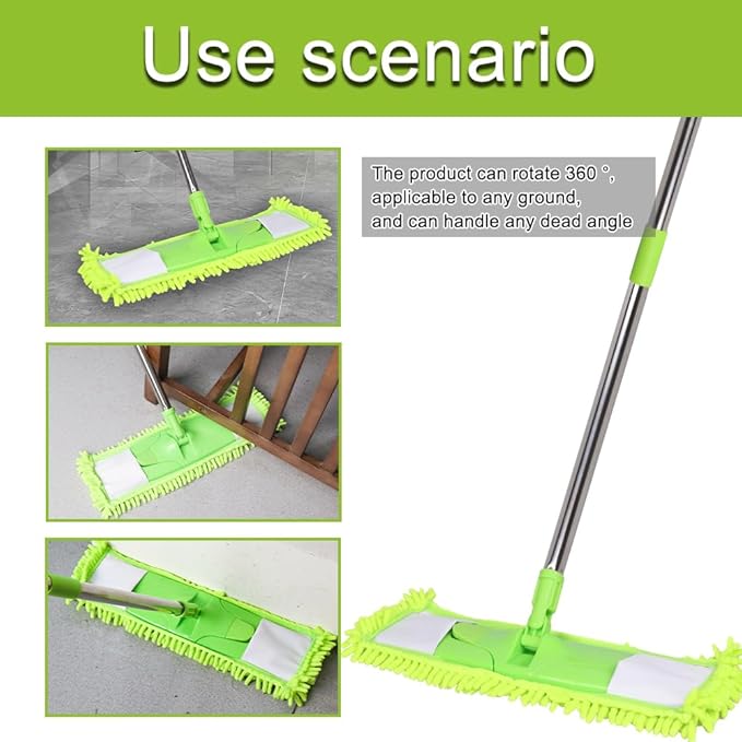 Dust Mop for Floor Cleaning with 2 Washable Chenille Pads and Extendable 58” Long Handle, Dry Wet Flat Mop with Scouring Pad for Hardwood, Laminate, Tile, Marble ，Green