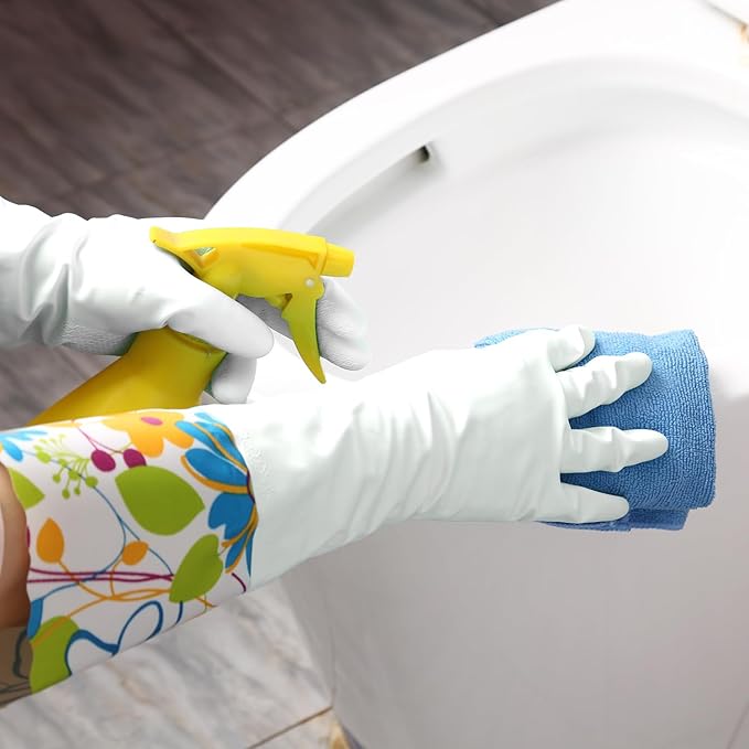 Bamllum 3 Pairs Rubber Cleaning Gloves, Household Kitchen Dishwashing Gloves with Cotton Flocked Liner, Long Cuff 16 Inches (Blue+Yellow+White, Large)