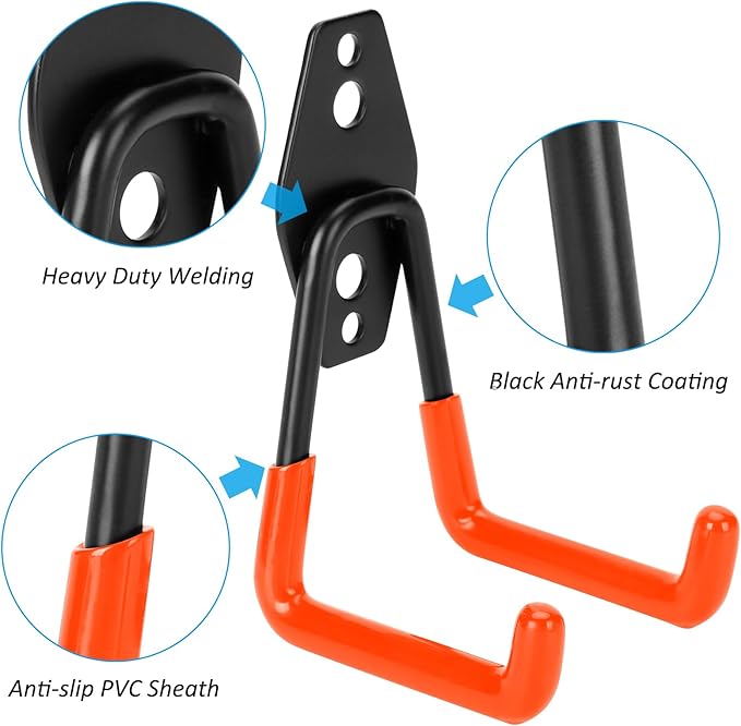 6 Pack Garage Hooks Heavy Duty - Supports 100 lbs, Utility Steel Garage Hanger & Organizer for Organizing Garden Lawn Tools, Ladders, Garden Hose, Digging Shovel, Bikes, Ropes (Orange)