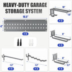 Garage Tool Organizer Wall Mount 96 inches with 18 Adjustable Heavy-Duty Hooks, Garage Organization, Garden Tool Storage Rack, Yard, and Shed, Holds Up to 750 lbs (Grey)
