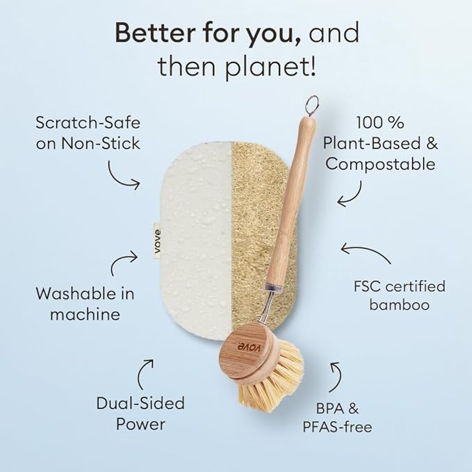 Vove Cleaning Duo, Bamboo Dish Brush Set and Natural Dish Sponges, FSC-Certified Bamboo, Sisal, Loofah, Cellulose, Plastic-Free, Eco-Friendly Zero-Waste Kitchen Dish Scrubber Set