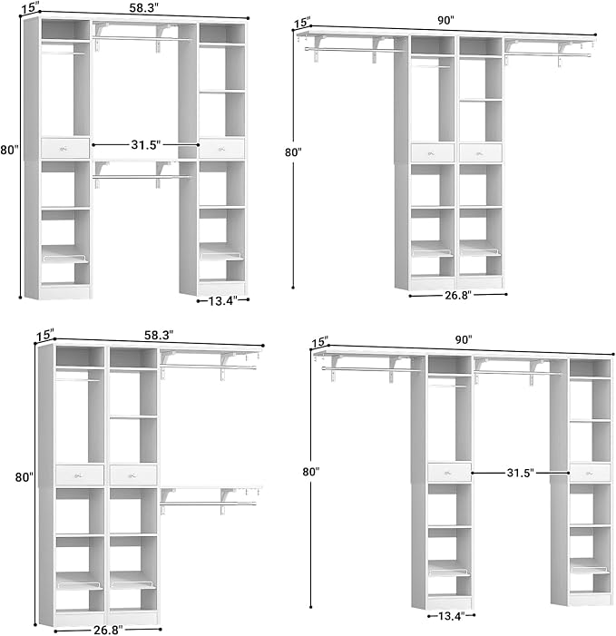 Unikito 58" W - 90" W Closet System, Large Walk in Closet Organizer with 3 Hanging Rods and Shelves, Heavy Duty Wood Closets Wardrobe with 2 Drawer & Shoe Rack, Sturdy Reversible Clothing Racks, White