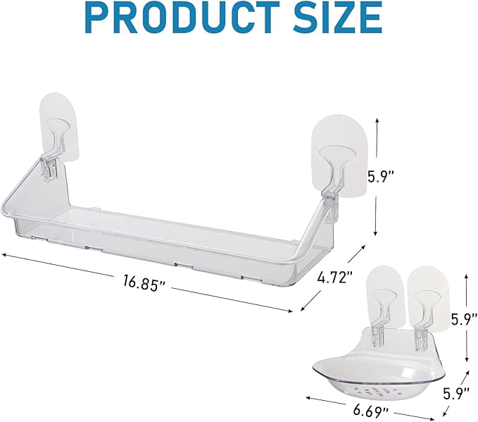 Acrylic Clear Shower Caddy Soap Dish 2pack Large Size 16.8"L 4.7"W 5.9"H Acrylic Shelves No Need To Drill Wall Adhesive Shelves With Self-Adhesive Tape For Bathroom Kitchen Rv(Shower Caddy L)